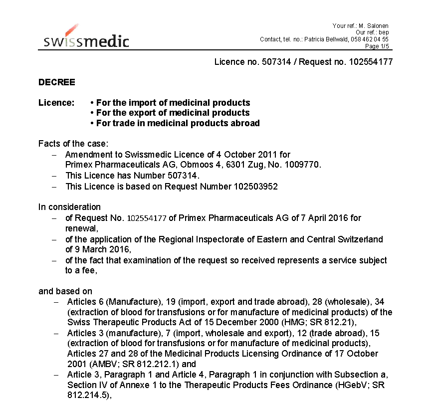Swissmedic license